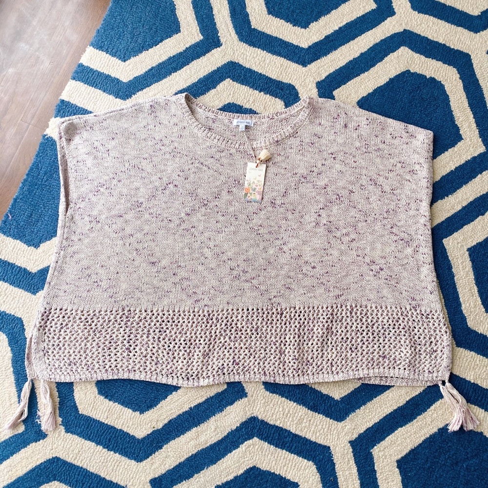 πΎ JOHNNY WAS BOHO KNIT CREAM PURPLE LOOSE FIT PONCHO WITH TASSELS! - Picture 11 of 13